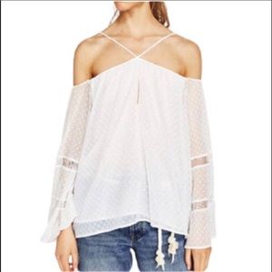 Zara Blouse Plumetis Sheer Chiffon Swiss Dot Off  Shoulder Bell Sleeve Top